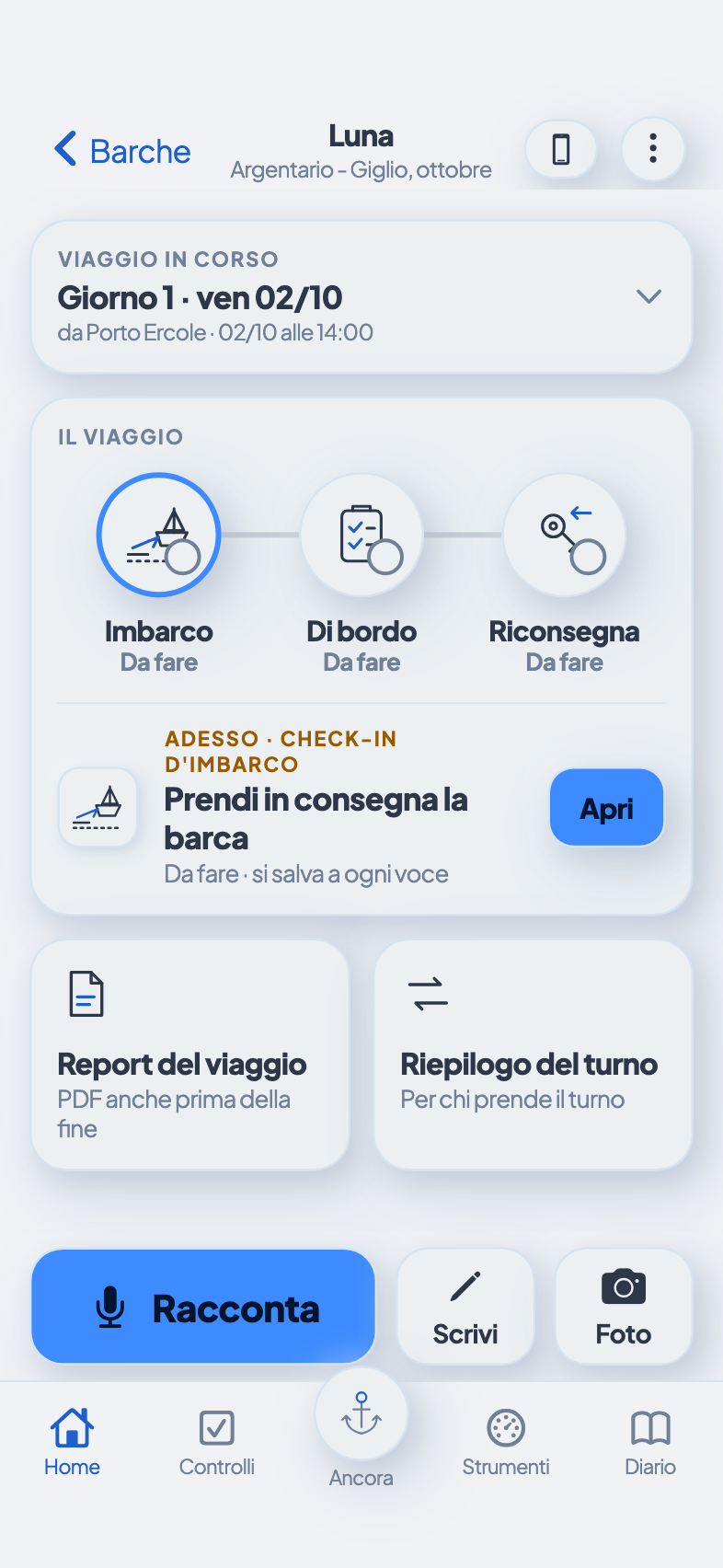 Home di Blast Skipper in tema chiaro: viaggio dimostrativo, check-in e cinque voci di navigazione